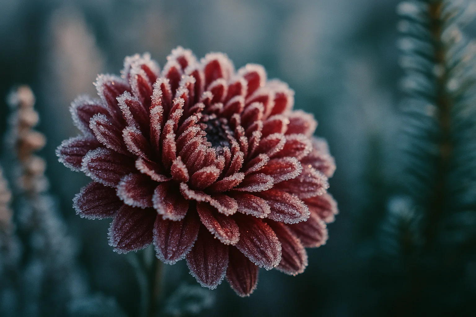 Mit Raureif überzogene Chrysantheme im Morgenlicht